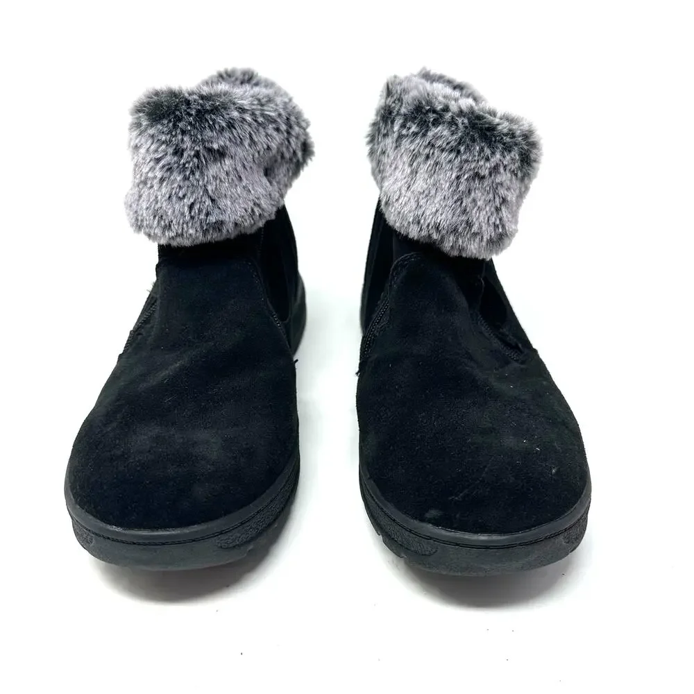 Khombu‎ Size 7 Boots Black Leather Slip On Faux Fur Side Zip Winter Snow Warm